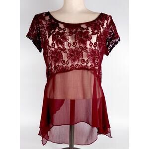 VTG Sheer Lace Blouse Cap Sleeve Maroon LARGE Ruffle Y2K Coquette Fairy
